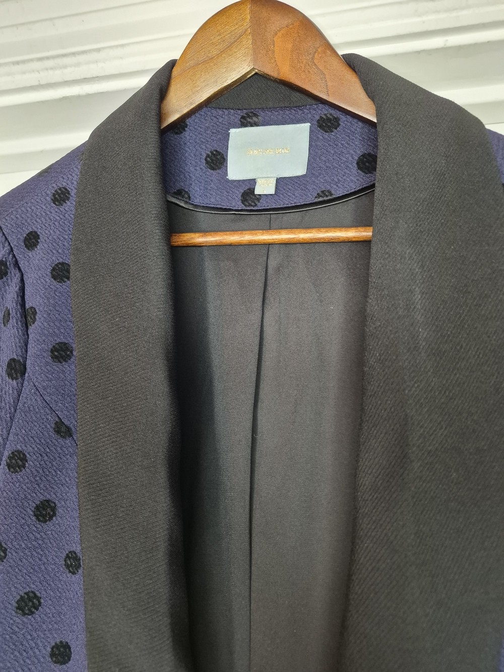 Skies Are Blue Women's Navy With Black Polka Dot Open-Front Blazer Jacket Large - Picture 2 of 10